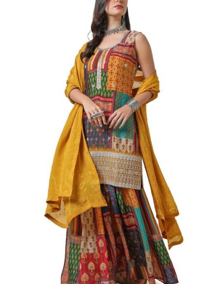 Mustard Tile Print Chinon Suit Set with Dupatta