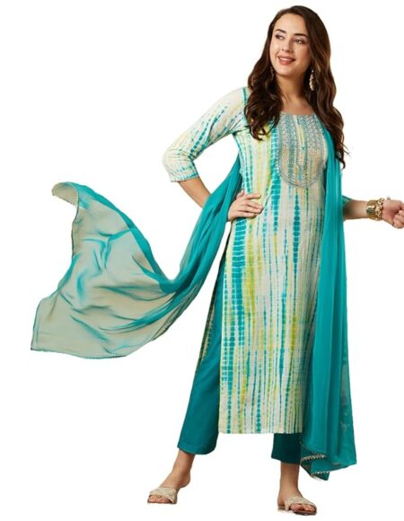 Women's Cotton Blend Straight  Kurta with Pant & Dupatta