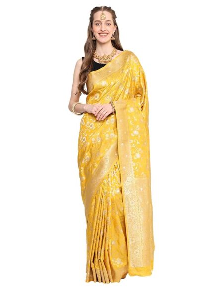 Banarasi Luxurious Bright yellow flower design Saree