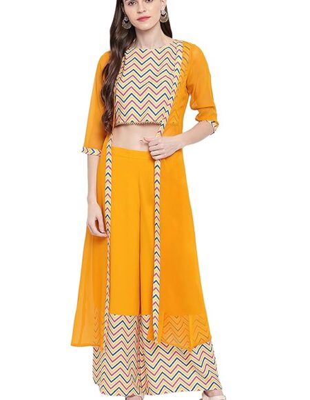 Women’s Yellow Zig Zag Crop Top with Palazzo and Jacket