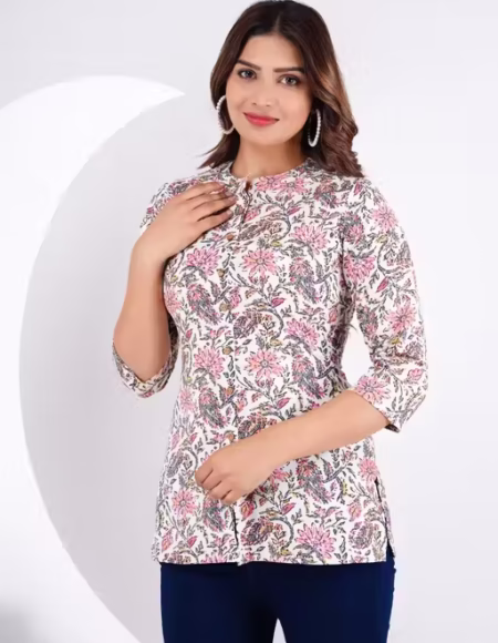 Women’s 3/4 Sleeves Mandarin Collar Rayon Printed Short Kurti Kurta