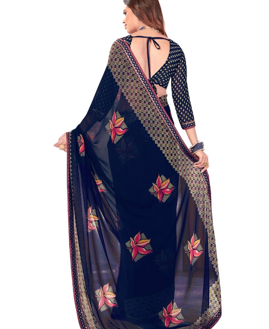 women's leaf print navy blue colored saree with blouse