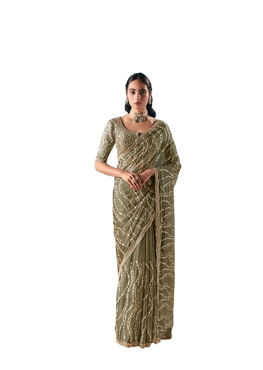 Designer Sage Green Embellished Saree with Sequin Work