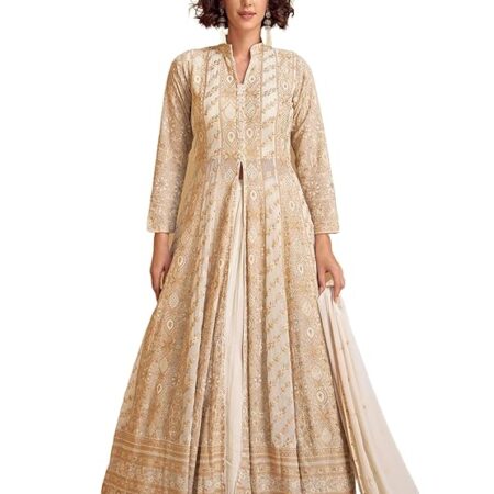 Women's Off White Chinon Stitched Top With Bottom and Dupatta Full Sleeve Embroidered Lehenga Set