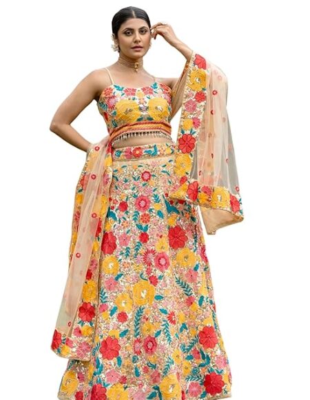 Women's Georgette Semi Stitched Lehenga Choli With Dupatta | Thread And Sequin Embroidery Pattern