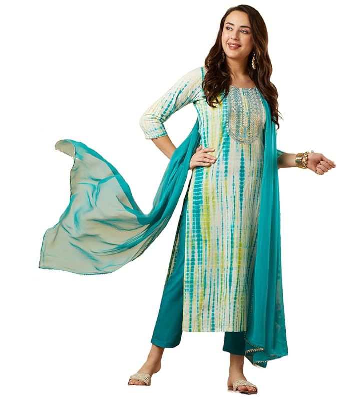 Women's Cotton Blend Straight  Kurta with Pant & Dupatta